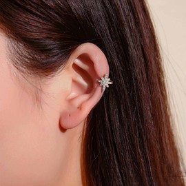 Yienate Crystal Star Ear Clips Earring Single Silver North Star Cuff Wrap Earring Statement Star Non Piercing Cartilage Clip on Earring Rhinestone Star Crawler Earrings Jewelry for Women and Girls