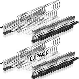 Weysat 100 Pack Pant Hangers with Clips Adjustable Metal Pants Skirt Hangers Bulk for Space Saving Heavy Duty for Clothes Jeans Closet Organizer, Silver and Black