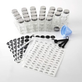 Kamenstein Glass Jars with Removable Sprinkle/Pour Discs, Silicone Funnel, Set of 3 Measuring Spoons, and 450 Labels and Chalk Marker, Set of 24, 4-Ounce, Clear