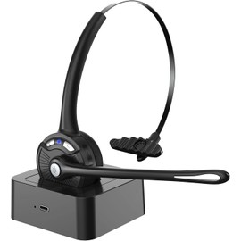 Bluetooth Headset with Microphone, Noise Canceling Wireless On Ear Headphones, Bluetooth Headphones with Mic Charging Base, Phone Headset Mute Button for Laptop, Skype, Call Centers, Office, Trucker