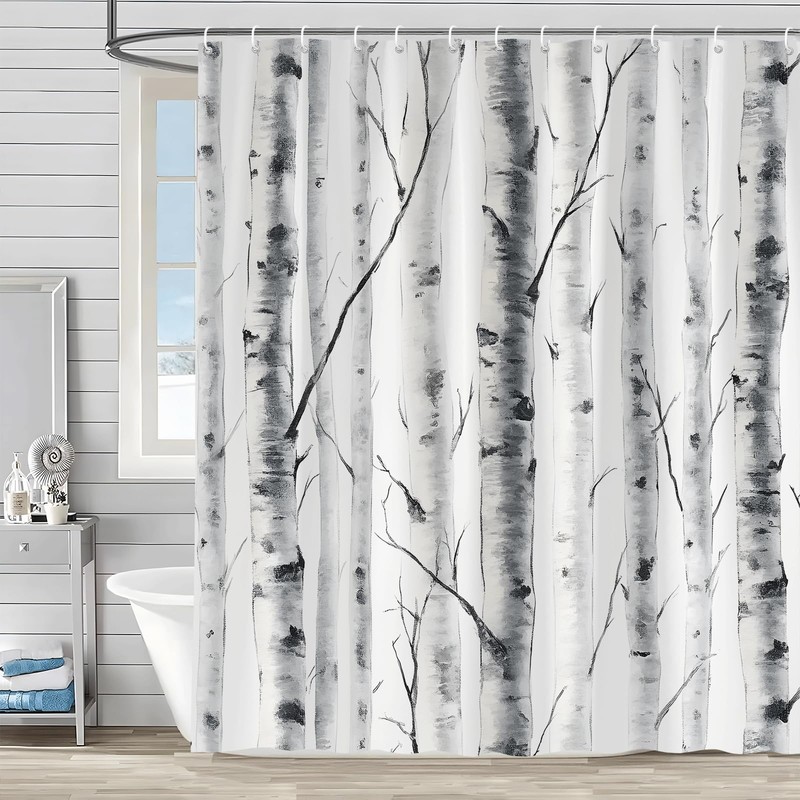 Birch Trees Shower Curtain Abstract Watercolour Gray White Mottled Trunk