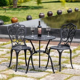 Withniture Bistro Set 3 Piece Outdoor, Cast Aluminum Bistro Table Set All Weather Patio Bistro Sets Furniture with Umbrella Hole for Front Porch, Patio, Balcony (Butterfly, Black)