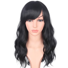SYMEIW Medium Long Black Wavy Wigs For Women Synthetic Full Hair Natural Black Wigs With Side Bangs For Daily Use 16 Inches (NATURAL BLACK(1#))