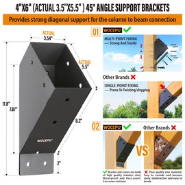 Wocepu 4pack 45 Degree Angle Support Bracket, for 4x6 (Actual 3.5''x5.5'') Pergolas, Gazebo, Deck Porch, Cabin Elevated Wood Support Kit (Frosted-Black)