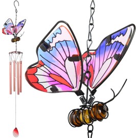 Butterfly Wind Chimes, 70cm Iron Stained Glass Butterfly Wind Chimes Gifts for Mom Outdoor/Indoor Wind Chimes for Home, Garden, Window, Yard, Patio, Lawn Decoration (Pink)