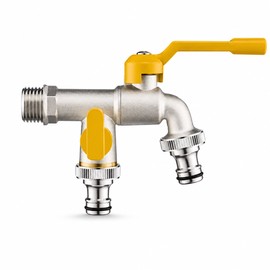 Dual Outlet Outdoor Faucet with Independent Valves – Wall Tap with Two Quick-Connect Hose Outlets