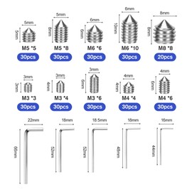 Pack of 290 Cone Ball Head Screws, M3/M4/M5/M6/M8 Allen Screws Set, Grub Screws Set, Door Handle, with 5 Hex Keys
