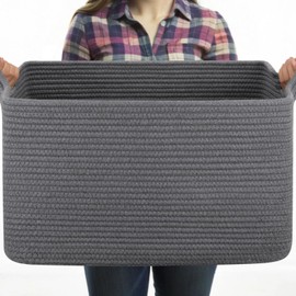 OIASKET Large Toy Basket, Rectangle Woven Rope Storage Basket for Blankets, Dirty Clothes, Shoes, Nursery Organizer Bins (Dark Grey)