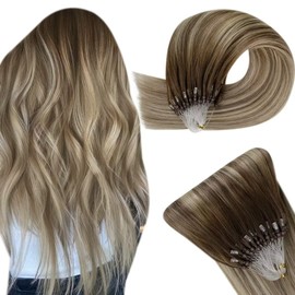 Easyouth Micro Ring Extensions, Ombre Real Hair, Micro Bead Extensions, Remy Real Hair, Micro Ring Hair Extensions, Dark Brown Mix Ash Brown and Medium Blonde, 22 Inches, 50 g, #3/8/22