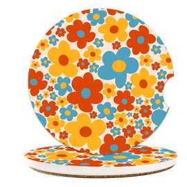 Groovy Gaisy Floral Car Coasters for Cup Holders, Car Accessories, 2 Pack Absorbent Ceramic Car Cup Holder Coasters for Drinks, for Women Men, Universal Non-Slip with Finger Notch