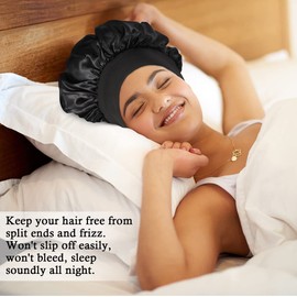 LEADUWAY 2Pcs Satin Bonnets Silk Bonnet for Sleeping Hair Bonnet for Curly Hair(Black&Rose Pink