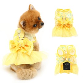 PAIDEFUL Dog Dress,Luxury Bow Princess Tutu Dresses for Girl Dogs Cute Fashion Mesh Pet Skirt with Sequins Flower Cat Puppy Clothes Wedding Party Outfits Chihuahua Apparel Button up D-ring,Yellow,M