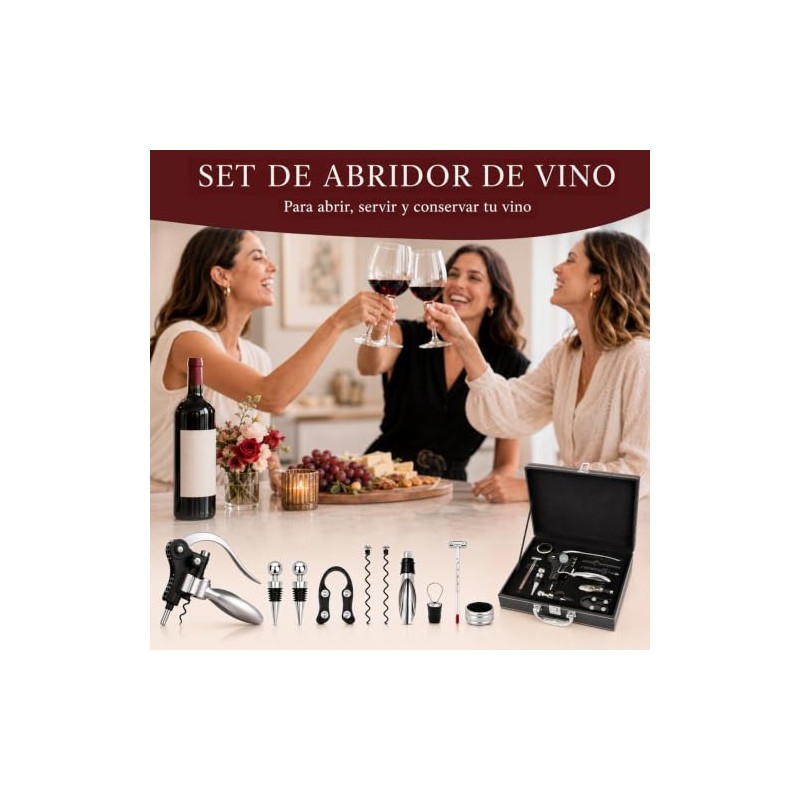 Set Abridor de Vino con 10 Accesorios, Caja Negra, Sacacorchos