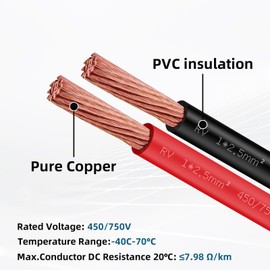 Yinaolan FLRY B Vehicle Cable 2.5 mm² Asymmetric Car Cable Stranded Wire Cable Flexible Copper Cable Black + Red 2.5 mm² -20 m