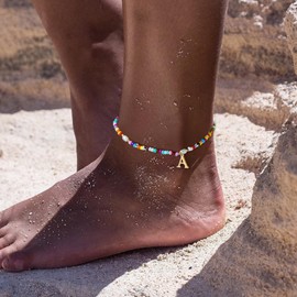 Fohufo Ankle Bracelets for Women - Non Tarnish Anklets for Women Waterproof Gold, Initial Boho Beaded Pearl Anklets, Foot Chain Anklet Summer Colorful Jewelry Gift, Letter K