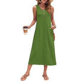MOLERANI Womens Summer Maxi Dress Casual Sleeveless T Shirts Dress Loose Fit Long Beach Dress with Pockets Sun Dress,Army Green,XL