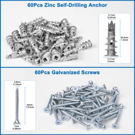 Vmuter Zinc Self-Drilling Drywall Anchors with Screws Kit, 60 Heavy Duty Metal Wall Anchors and 60#8 x 1-1/4'' Screws - 120 Pieces All Together
