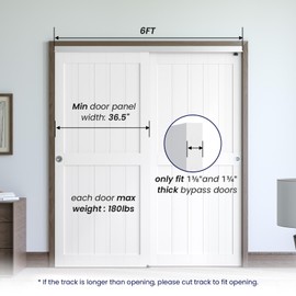 SMARTSTANDARD 72"/6FT Bypass Sliding Door Hardware Kit for Cabinet Closet, Aluminum Alloy Door Hardware with Finger Pull, for 2 Door System, Smoothly and Quietly, Fit 36.5" Wide Door Panel, No Door