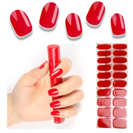 Wekcekcek Semi Cured Gel Nail Strips, 20pcs Gel Nail Polish Stickers, Red A Gel Nail Stickers - Work with Any UV Lamp, Long Lasting Full Nail Wraps with Nail File and Stick