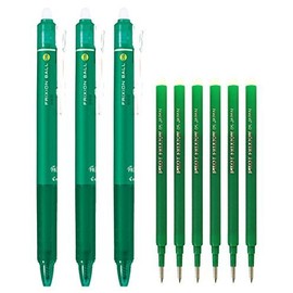Pilot FriXion Ball Knock Retractable Erasable Gel Ink Pens, Extra Fine Point 0.5mm, Green Ink, 3 Pens & 6 Refills Value Set