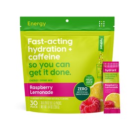 Hydrant - Energy Electrolyte Powder, Raspberry Lemonade Flavor, 30 Caffeine & L-Theanine Energy Hydration Stick Packs - Low Sugar Energy Powder for Daily Use
