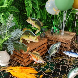 Silipull 11 Pcs Gone Fishing Party Decorations Kit Fishing Net Cute Cardstock Photo Prop for Birthday Sea Animal Indoor Outdoor Dessert Table Party Supply