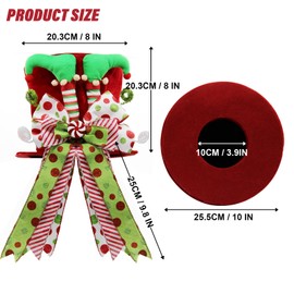 Christmas Tree Topper Hat with Bow, Large Christmas Tree Topper with Elf Legs and Red & Green Polka Dot Bow, Tree Toppers Christmas Decorations for Winter Holidays