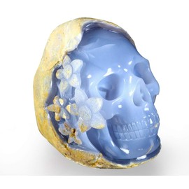 Skullis 4.8" Blue Chalcedony Crystal Skull, Original Desgin, Hand Carved Gemstone Fine Art Sculpture, Reiki Healing Stone Statue. 220