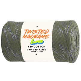 Art of Yarn LUREX Twisted Macrame Cord 250g 672 feet 224 yards Single Strand 3mm-4mm Twine Rope Sparkle Natural Cotton Cord String Art Crafts Wall Hanger Plant Thread Hanging 1 Skein Olive Green 88787