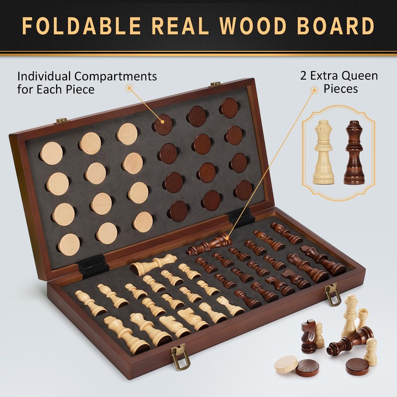 2 in 1 Magnetic Wooden Chess and Checkers Board Game
