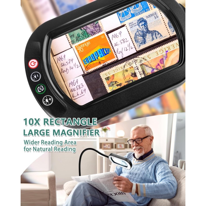 10X Rectangle Magnifying Glass with Light and Stand, 24" Flexible
