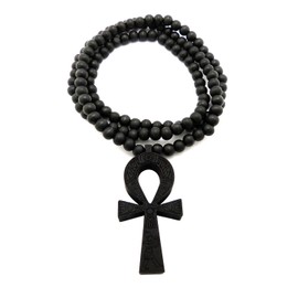Fashion 21 Egyptian Key of Life Engraved Ankh Pendant 8mm 36" Wooden Bead Necklace (Black)
