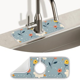 Kitchen Sink Splash Guard, Faucet Mat, Sink Mat For Kitchen Faucet, Absorbent Microfiber Fabric, Colorful Floral Design, 15 X 5.4 Inch, Blue Flower