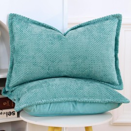 Madizz Set of 2 Chenille Velvet Cushion Covers with Flange Soft Boho Textured Throw Pillow Covers Broadside Pillowcases Modern Farmhouse Home Decor for Sofa Bedroom Turquoise 12x20 inch, 30x50 cm