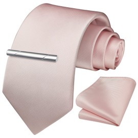 HISDERN Men's Wedding Ties and Pocket Square Tie Clip Set Plain in Various Colours, A-light pink