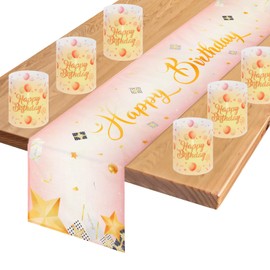 PHOGARY Birthday Table Decoration - Pink Table Runner and 6 Lanterns Table Decoration, 180 x 33 cm Linen Happy Birthday Table Decoration, Birthday Decoration for Women, Men, Girls, Boys, Children