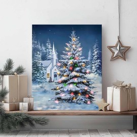 TYPTEK Christmas Tree Canvas Wall Art Winter Snow-Covered Pine Tree with Colorful Lights & Chapel Scene, Festive Winter Pictures Print Wall Decor for Home, Living Room, or Entryway 11x14inch