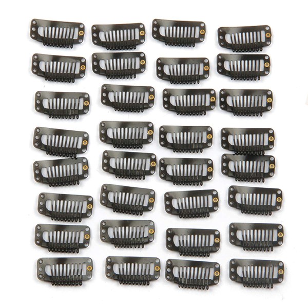 20pcs Metal Snap Clips for Hair Extensions DIY Clip in on Hair Extension Wigs 9 Teeth 32mm 1.2g/pc Black Brown Beige Color (Black)