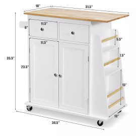 Costway Rolling Kitchen Island Utility Trolley w/Storage Cabinet & Spice Side Rack White