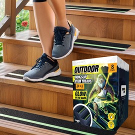 THUNDER GRIP Glow in the Dark 24" x 4" - 8-Pack Outdoor Stair Treads Non-Slip Weather Resistant - Anti Slip Tape for Exterior Wooden Steps - Grip Tape for Stairs Waterproof 80-Grit Adhesive Treads