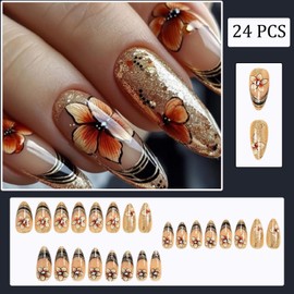 Black and Gold Line French Press on Nails Almond Medium Fake Nails Gradient Floral with Glitter False Nails Gold Line Design Full Cover Acrylic Glue on Nails Reusable for Women Manicure 24Pcs