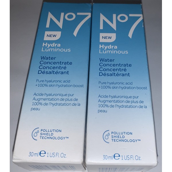 Lot of 2 Boxes of No7 Hydra Luminous Water Concentrate, 1 US Fl. Oz. (30ml) NIB!