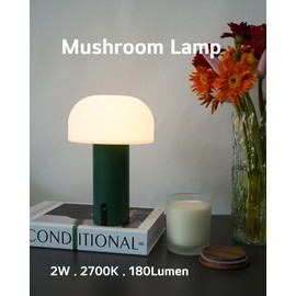 ILOVINIT Outdoor Mushroom Table Lamp Rechargeable, Cordless Lamps for Patio Waterproof, Portable Battery Operated Lamp with USB Charging, Touch Dimming Night Light for Home/Porch/Restaurant (Green)