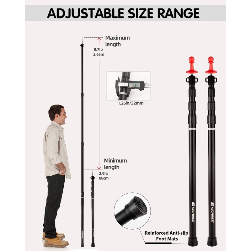 Tarp Poles Heavy Duty Adjustable, AVOFOREST Aviation Aluminum 8.7FT Tent