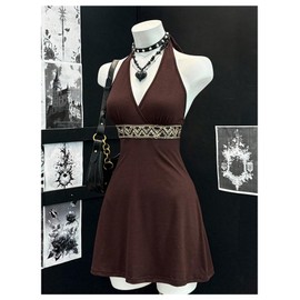 Milumia Women's Hippie Tie Backless Halter Dress V Neck Flared A Line Mini Dresses Chocolate Brown Small