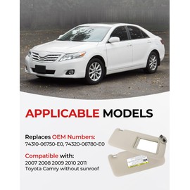 VeloCore Driver & Passenger Sun Visor 74320-06780-E0 74310-06750-E0 Compatible with Toyota Camry 2007 2008 2009 2010 2011 Without Sunroof, Left & Right Side, Beige, 2PC