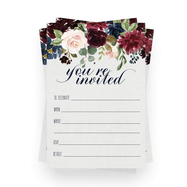 Indigo Floral Invitations (15 Guests) Rustic Bridal Shower - Engagement – Girls Baby Shower - Birthday - Baptism - Greenery Party Supplies - Fill in Blank Style Invite Cards and Envelope Set DIY