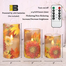 Silverstro Decorative Flameless Candles Chrysanthemum Decal with Remote & Timer - Real Wax Flickering Battery Operated Candles - Home Farmhouse Holiday Spring Decorations - Set of 3