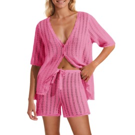 Saodimallsu Womens Crochet 2 Piece Swimsuit Cover Up Short Sleeve Knit Tops Shorts Sets Summer Beach Vacation Outfit Pink