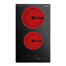 Ranein Electric Cooktop with 2 Burners, 12 inch 3000W 240V Ceramic Panel Electric Cooktop, Multiple Safety Protections Stove, Touch Screen